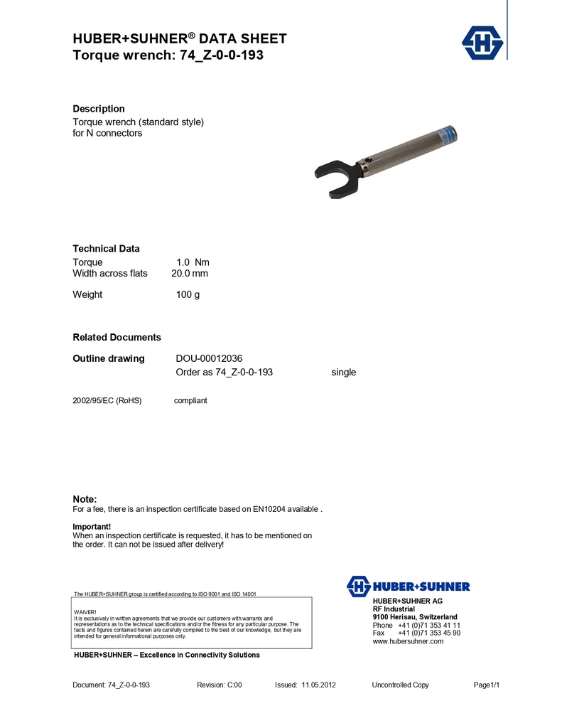 Torque Wrench, Huber Suhner, 20mm, 1NM, For N Connectors